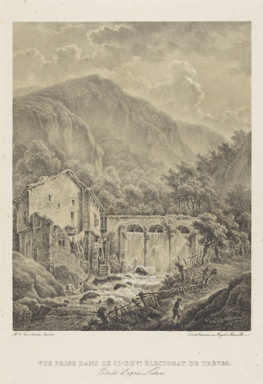 Paisaje de montaña con molino de agua cerca de Trier Vue premio de baile le ci dev. Éctorat de trèves (título sobre objeto) de Henri van Assche