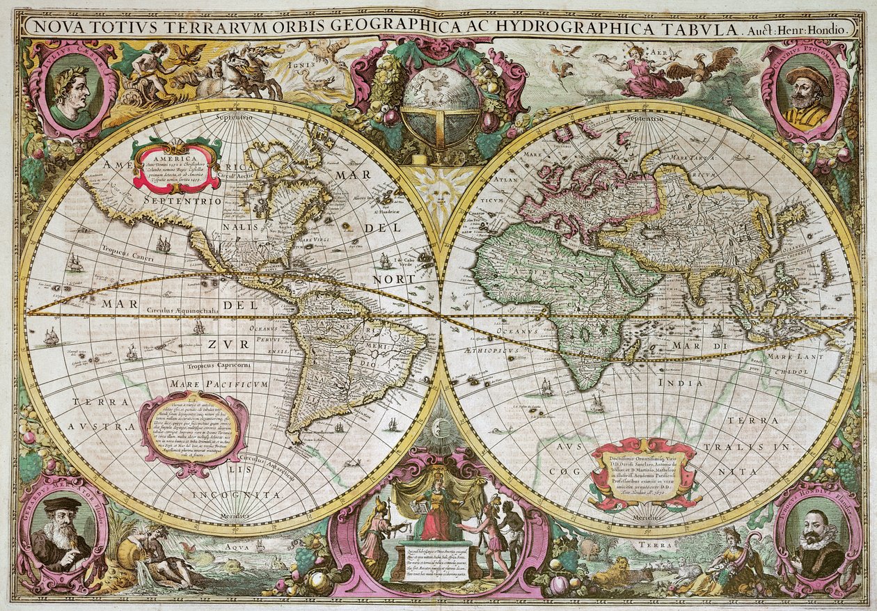 Un nuevo mapa de tierra y agua de toda la Tierra, 1630 de Henricus Hondius II
