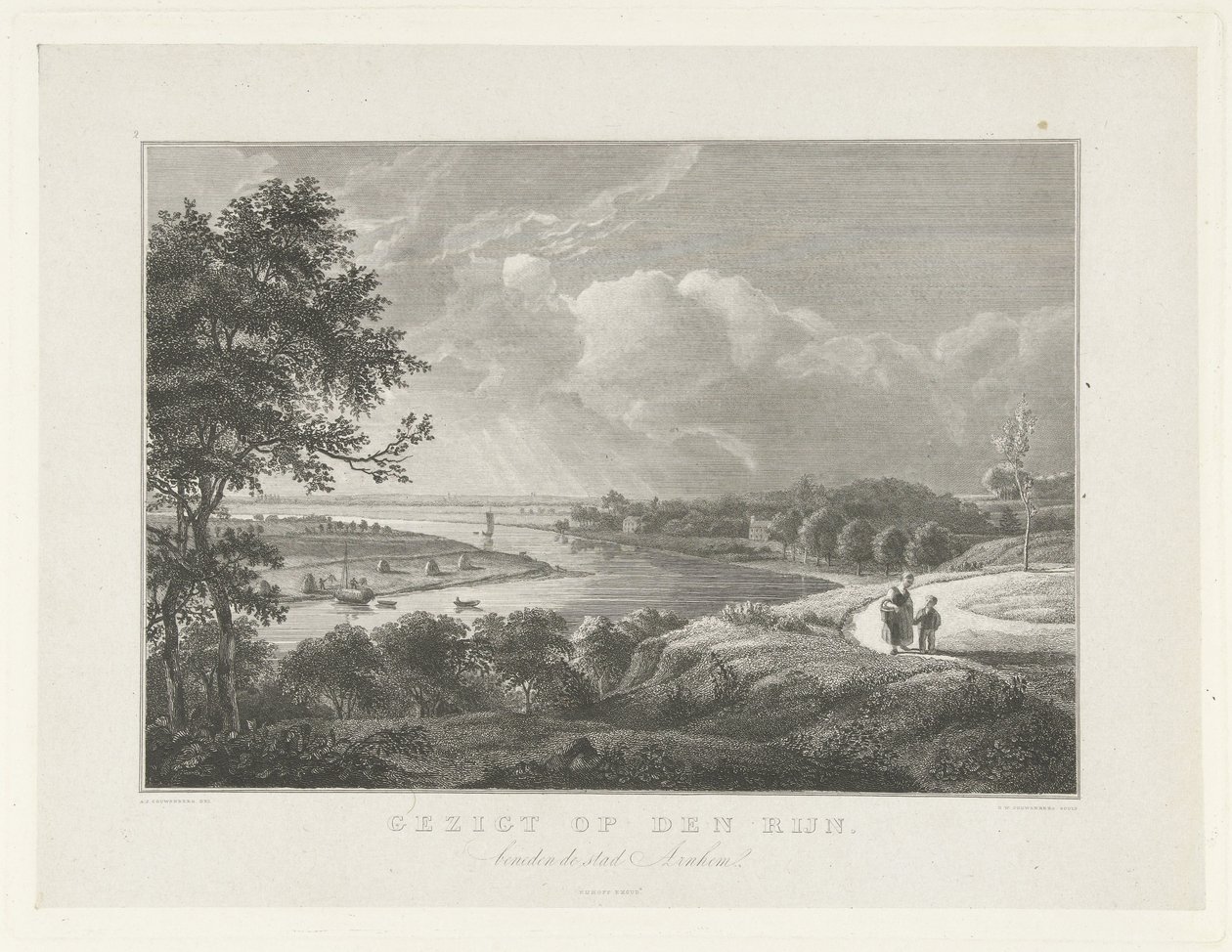 Vista del Rin debajo de Arnhem Vista sobre el Rin (título sobre el objeto) Escenas de los alrededores de la ciudad de Arnhem (título de serie) de Henricus Wilhelmus Couwenberg