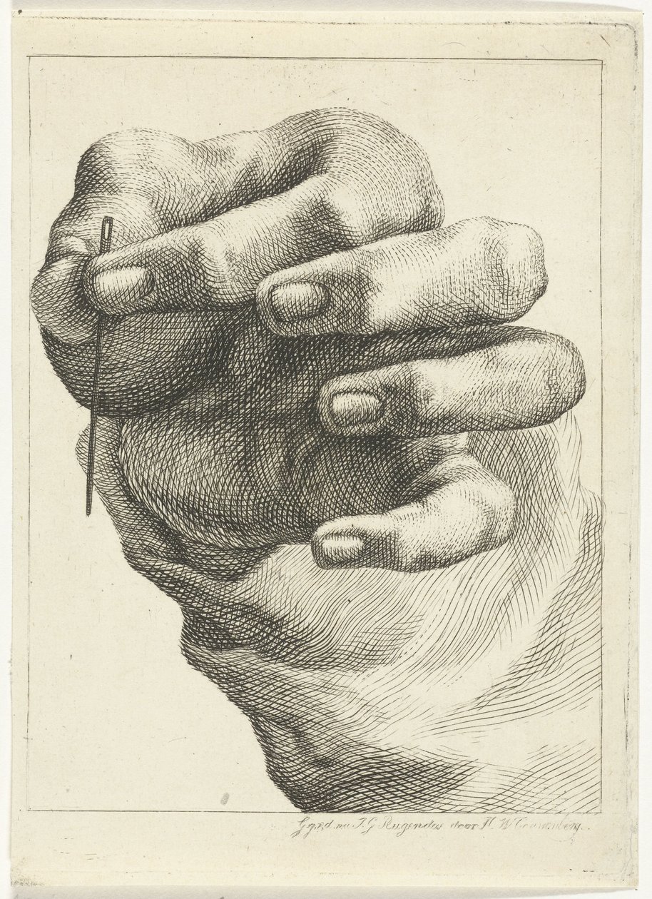 Estudio de una mano con una aguja entre el pulgar y el índice de Henricus Wilhelmus Couwenberg