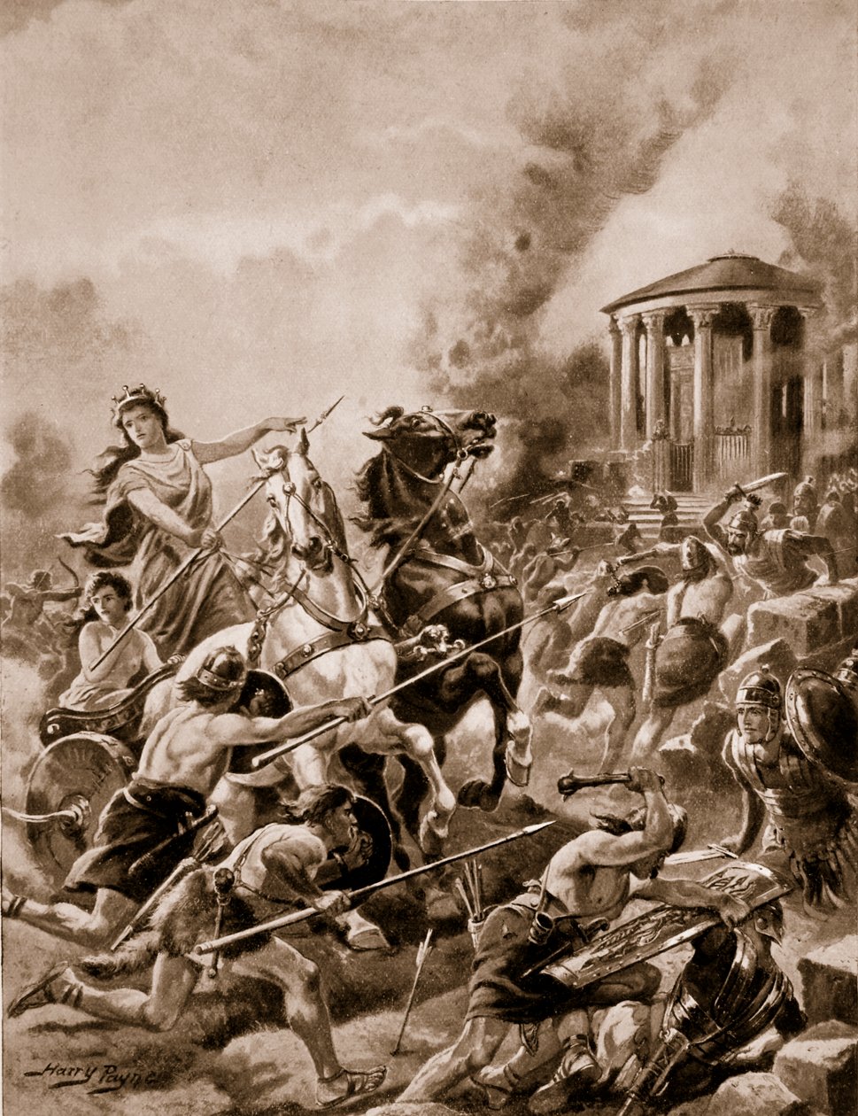 El ataque de Boadicea a Camulodunum, 60 d.C., ilustración de 