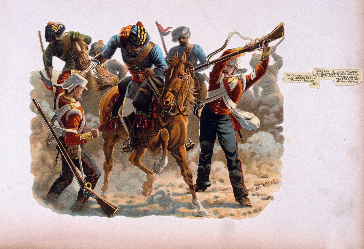 El sargento Richard Wadeson, 75º Regimiento, rescatando valientemente al soldado Michael Farrell asaltado por varios jinetes rebeldes, Motín Indio, 18 de julio de 1857, de una serie titulada 