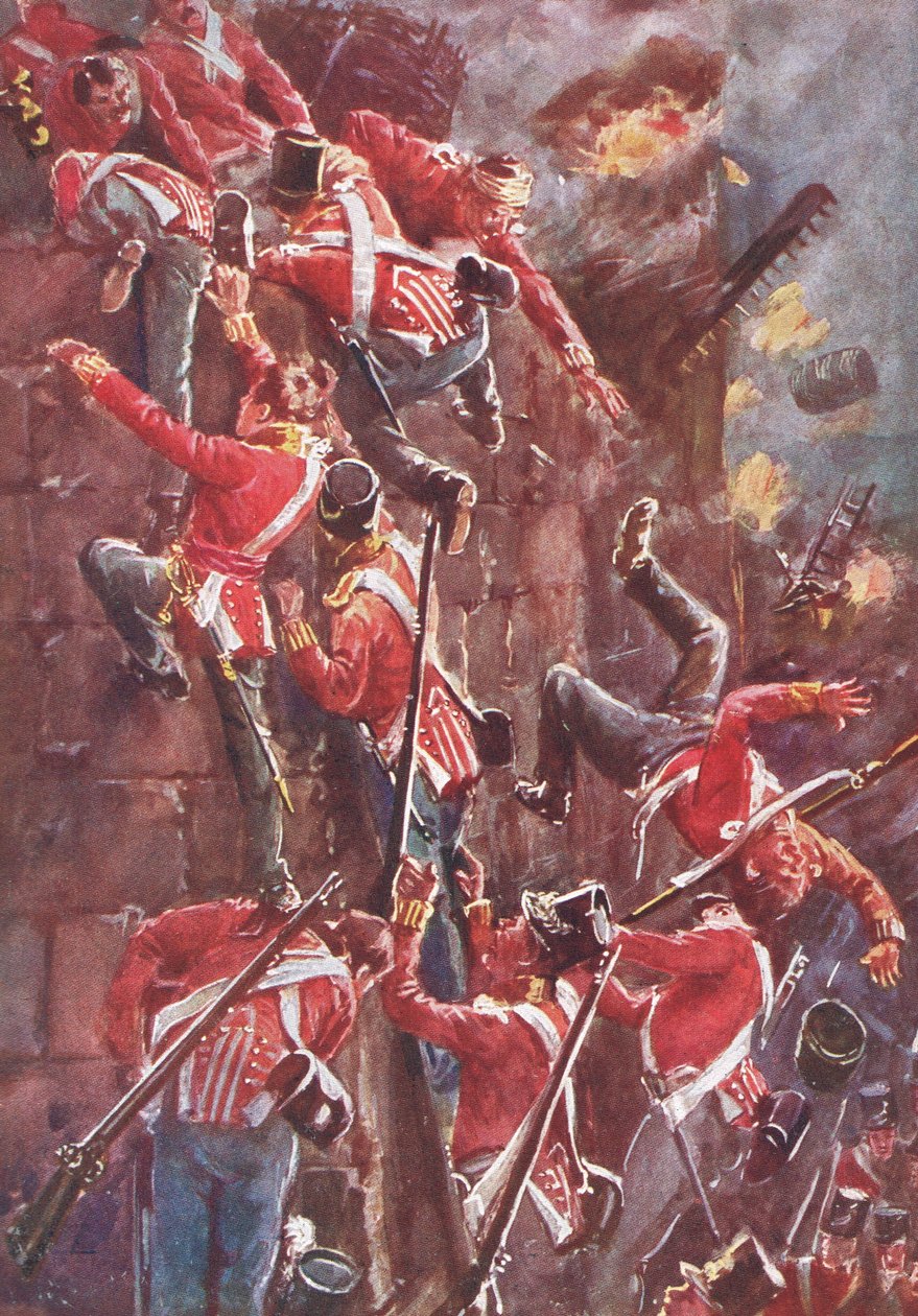 La 5ª División asaltando por escalada las murallas de San Vicente en la Toma de Badajoz, ilustración de 