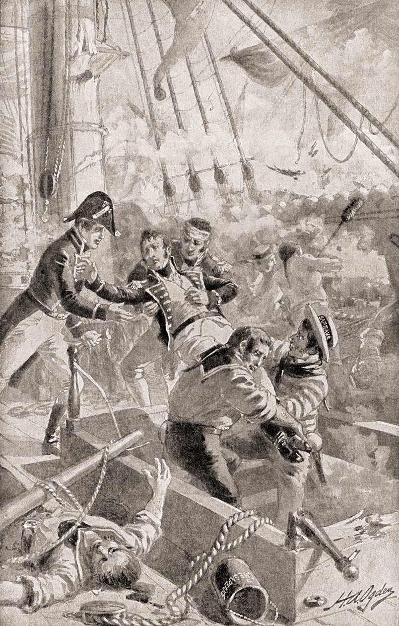 El capitán James Lawrence pronunciando sus últimas palabras o comando moribundo, ¡No abandones el barco!, de La Historia de Nuestro País, publicado en 1905 de Henry Alexander Ogden