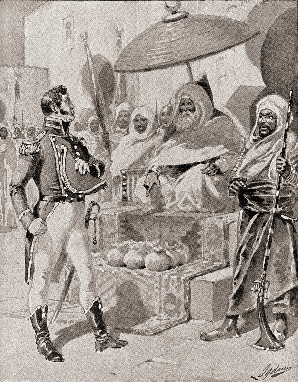 El capitán William Bainbridge pagando el tributo al Dey de Argel para asegurar la exención de captura para los barcos mercantes de EE. UU. en el Mediterráneo en 1800, de La Historia de Nuestro País, publicado en 1905 de Henry Alexander Ogden