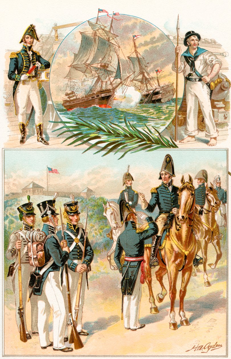 Uniformes del Ejército y la Marina de los Estados Unidos durante la Guerra de 1812, de La Historia de Nuestro País, publicado en 1905 de Henry Alexander Ogden