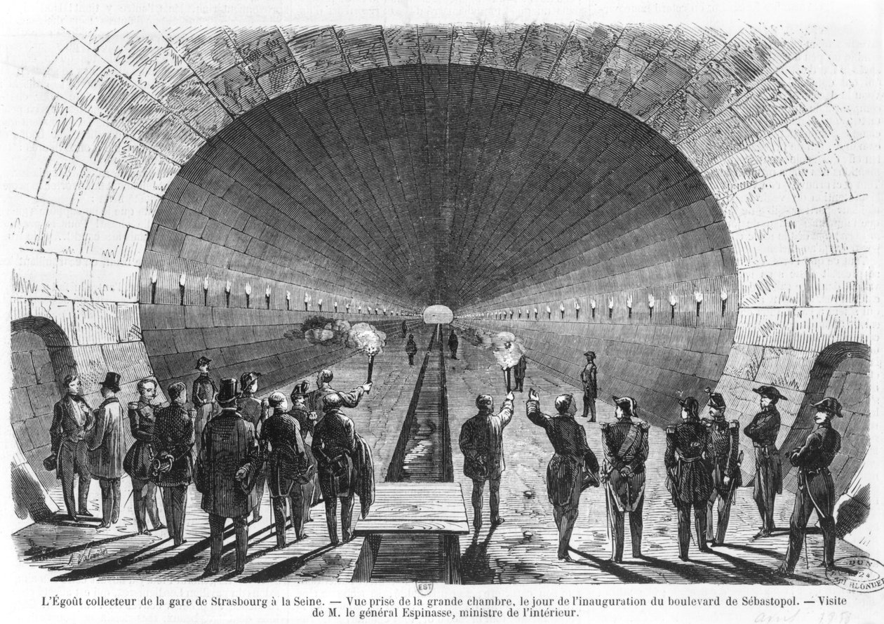 Alcantarilla principal desde la estación de Estrasburgo hasta el Sena. Visita oficial del Ministro del Interior, General Charles Marie Esprit Espinasse (1815-59) abril de 1858 de Henry Augustin Valentin