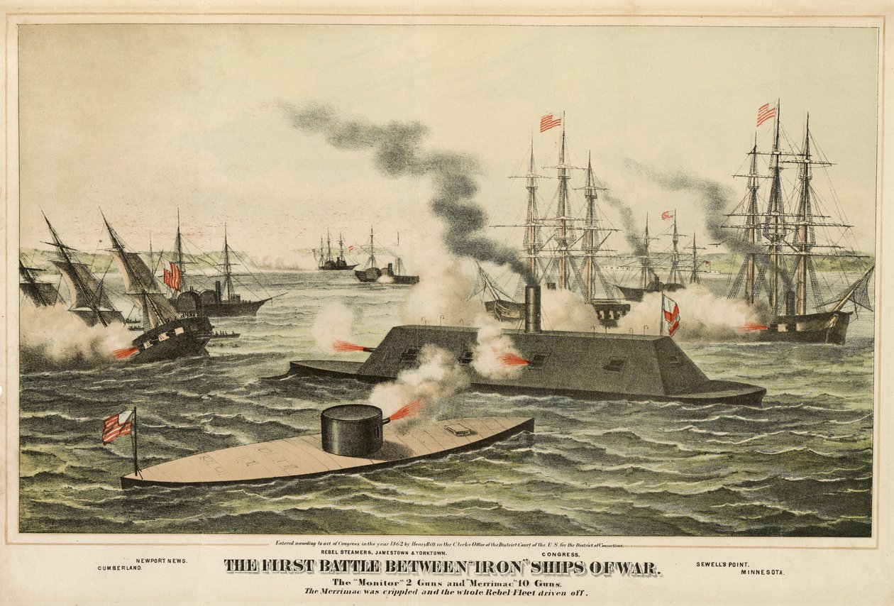 La primera batalla entre barcos de guerra de hierro, publicado c.1862 de Henry Bill
