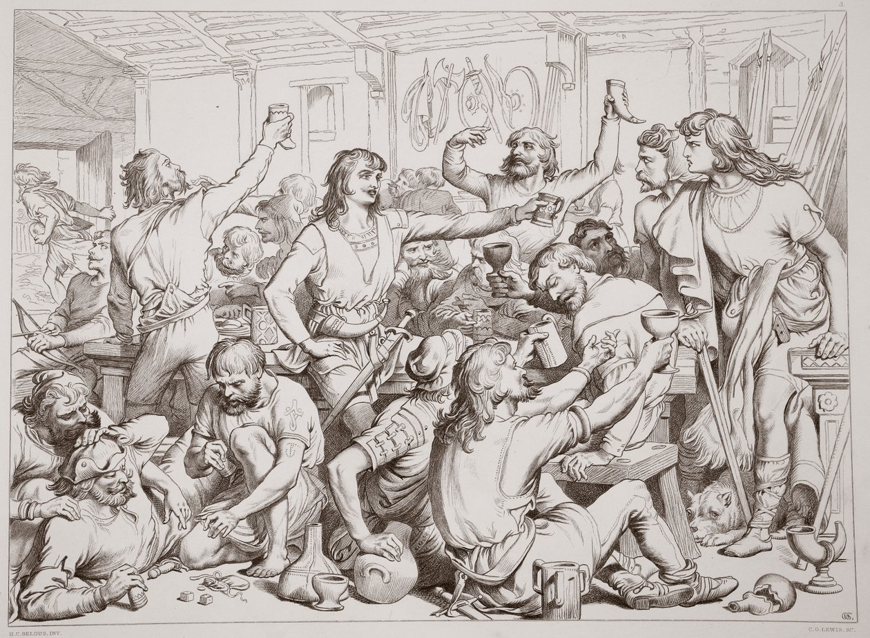 Hereward ve a Martin Lightfoot partir con la carta, ilustración de Hereward the Great de Charles Kingsley, pub. 1870, grabado por C.G. Lewis de Henry Courtney Selous