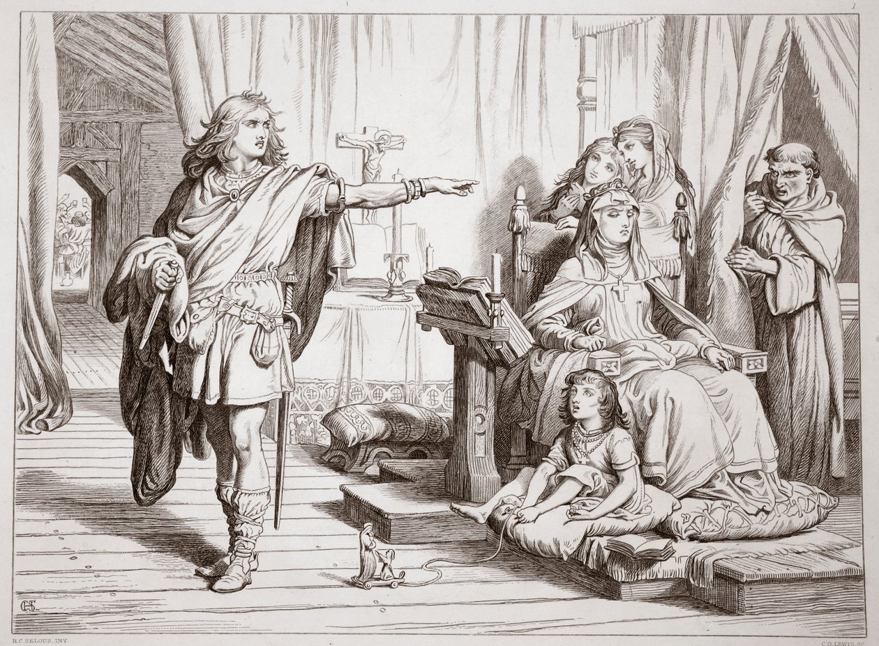 Entrevista de Hereward con su madre y el sacerdote Herluin, ilustración de Hereward the Great de Charles Kingsley, pub. 1870, grabado por C.G. Lewis de Henry Courtney Selous