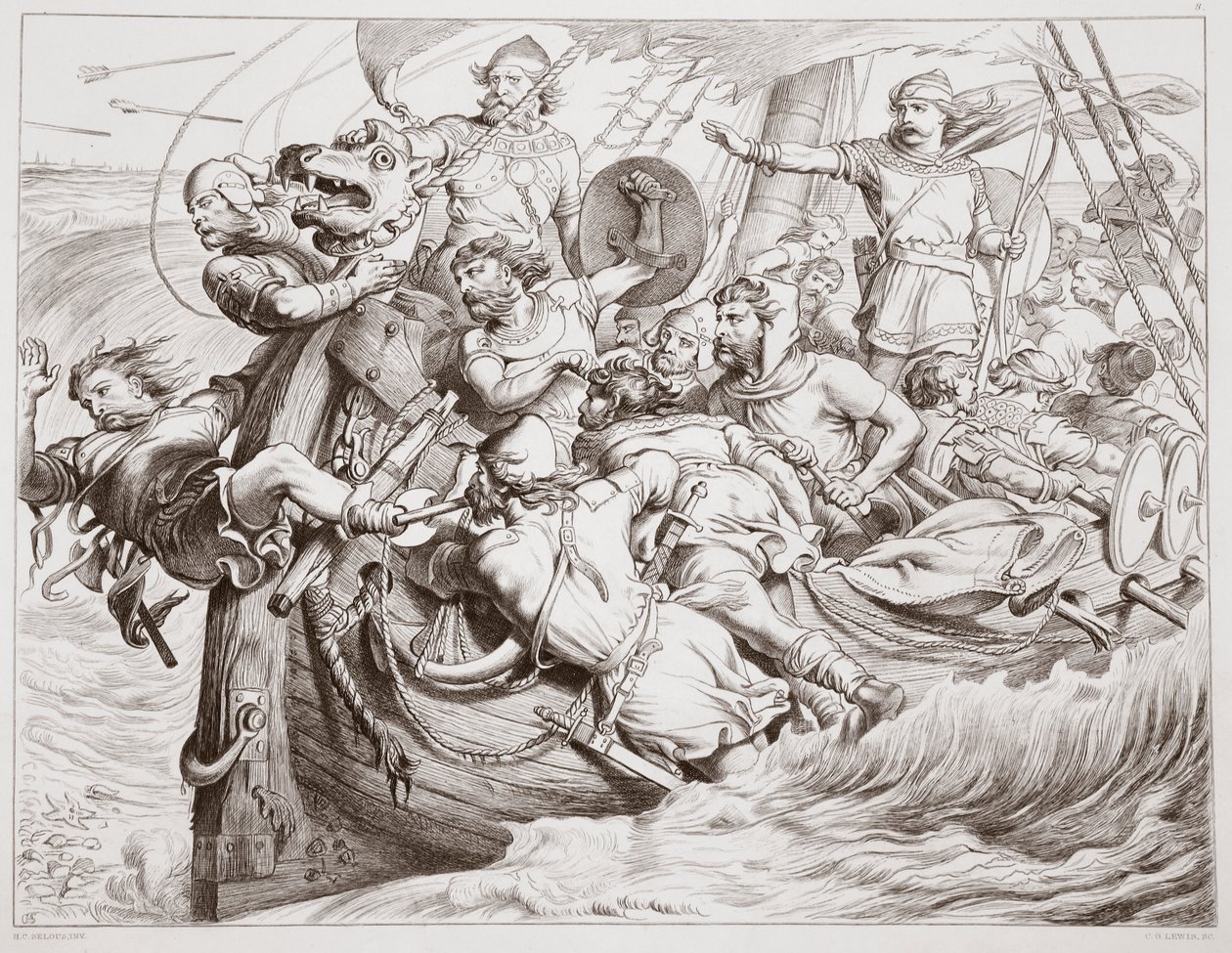Cómo Hereward lleva su barco a la costa de Flandes, ilustración de Hereward el Grande de Charles Kingsley, pub. 1870, grabado por C.G. Lewis de Henry Courtney Selous