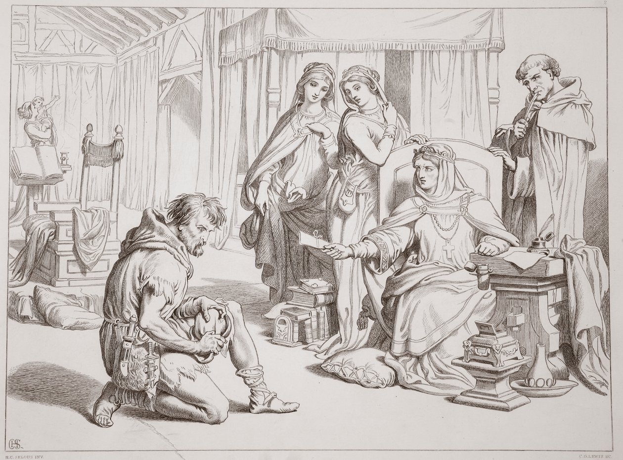 Martin Lightfoot se compromete a ser el portador de la carta al Conde Leofric, ilustración de Hereward the Great por Charles Kingsley, pub. 1870, grabado por C.G. Lewis de Henry Courtney Selous