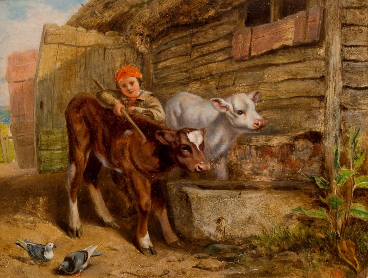 Niño con terneros y abrevadero de Henry Dawson