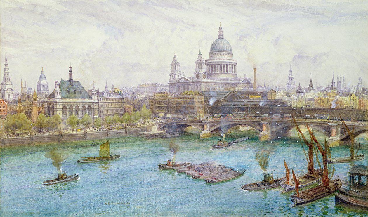 Vista desde el sur de la Catedral de San Pablo, el Puente de Blackfriars y la Escuela de la Ciudad de Londres con barcos en el Río Támesis, c.1921 de Henry Edward Tidmarsh