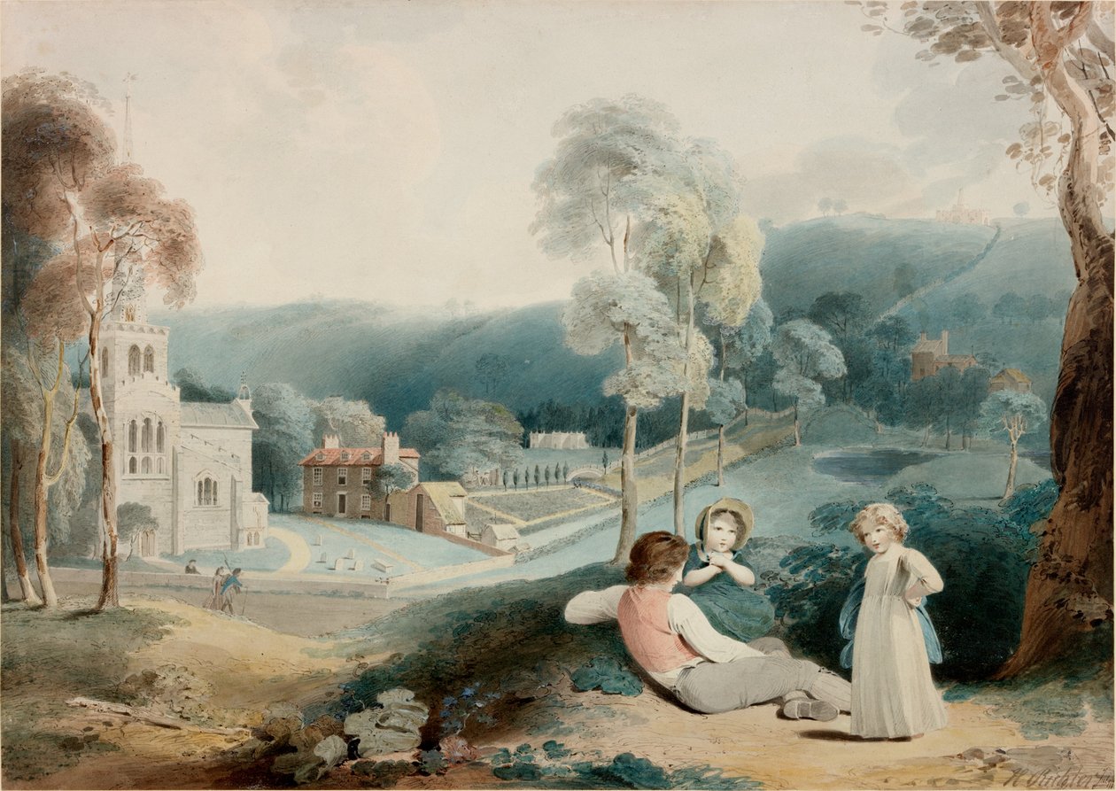 Niños en paisaje con iglesia de Henry James Richter