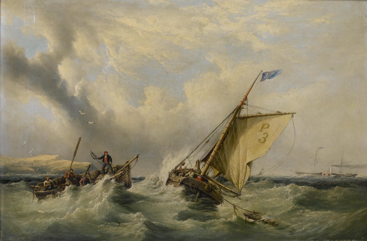 Cutter piloto no. 3 con un bote de remos acercándose y un barco de vapor a lo lejos de Henry King Taylor