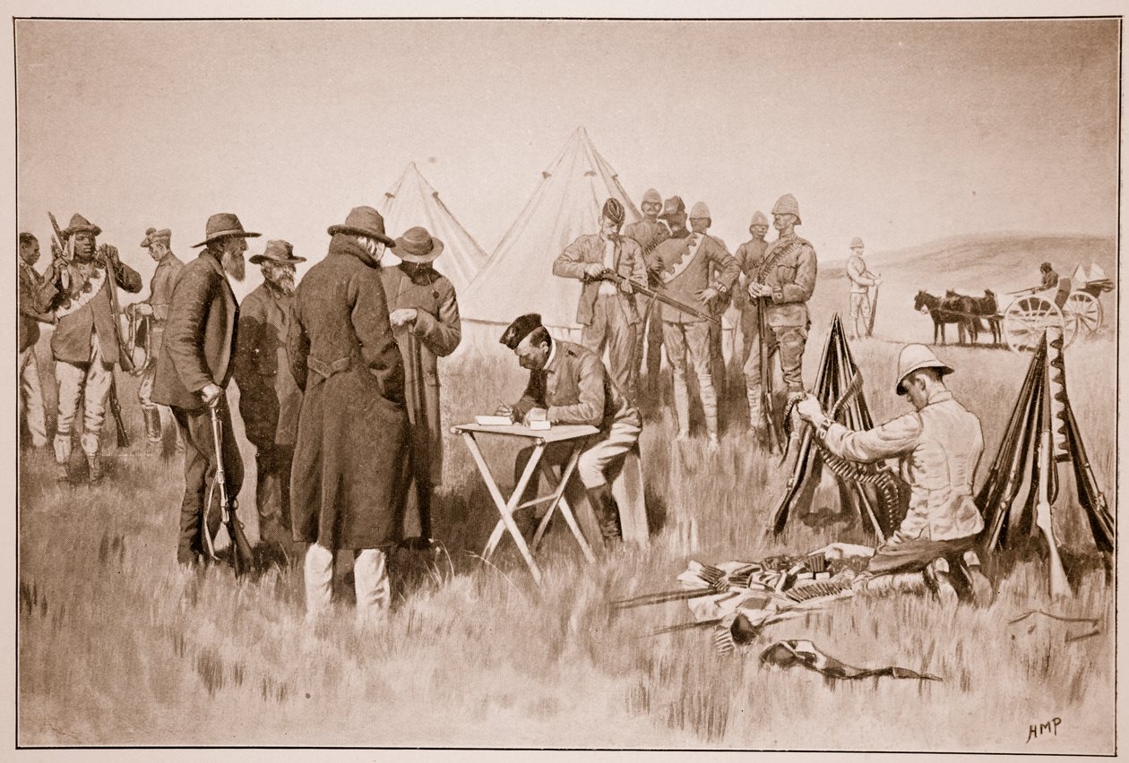 Los bóers prestando juramento de neutralidad en Greylingstad, de un boceto de Lieut. E.B. Knox, R.A.M.C. de Henry Marriott Paget