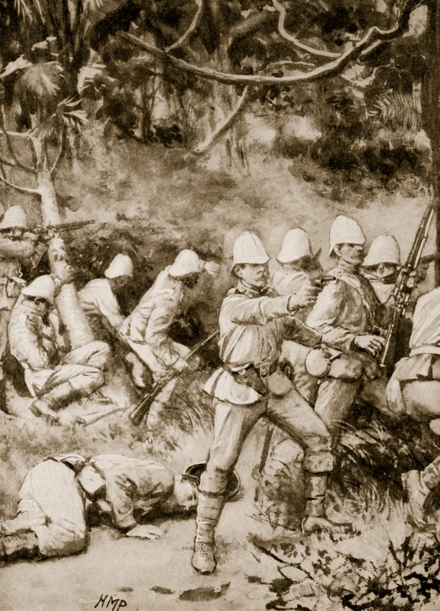 Luchando por abrir un camino a través del bosque en el camino a Coomassie de Henry Marriott Paget
