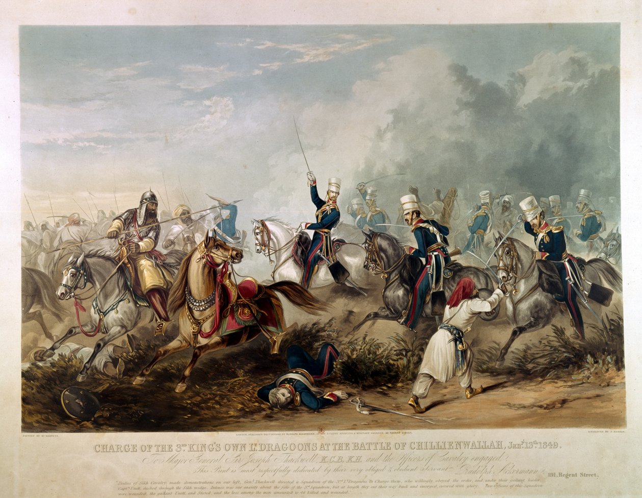 Carga de los Dragones Ligeros del Rey en la Batalla de Chillianwala el 13 de enero de 1849, grabado por J. Harris, 1849 (acuafuerte coloreada) de Henry Martens