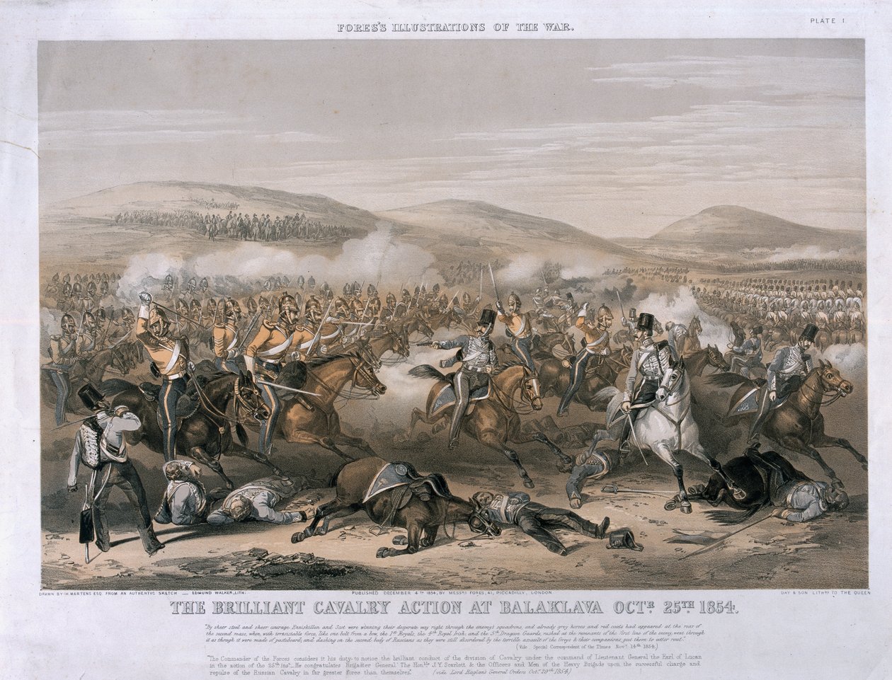 La brillante acción de caballería en la batalla de Balaclava, 25 de octubre de 1854, grabado por Edmund Walker, publicado en 1854 de Henry Martens