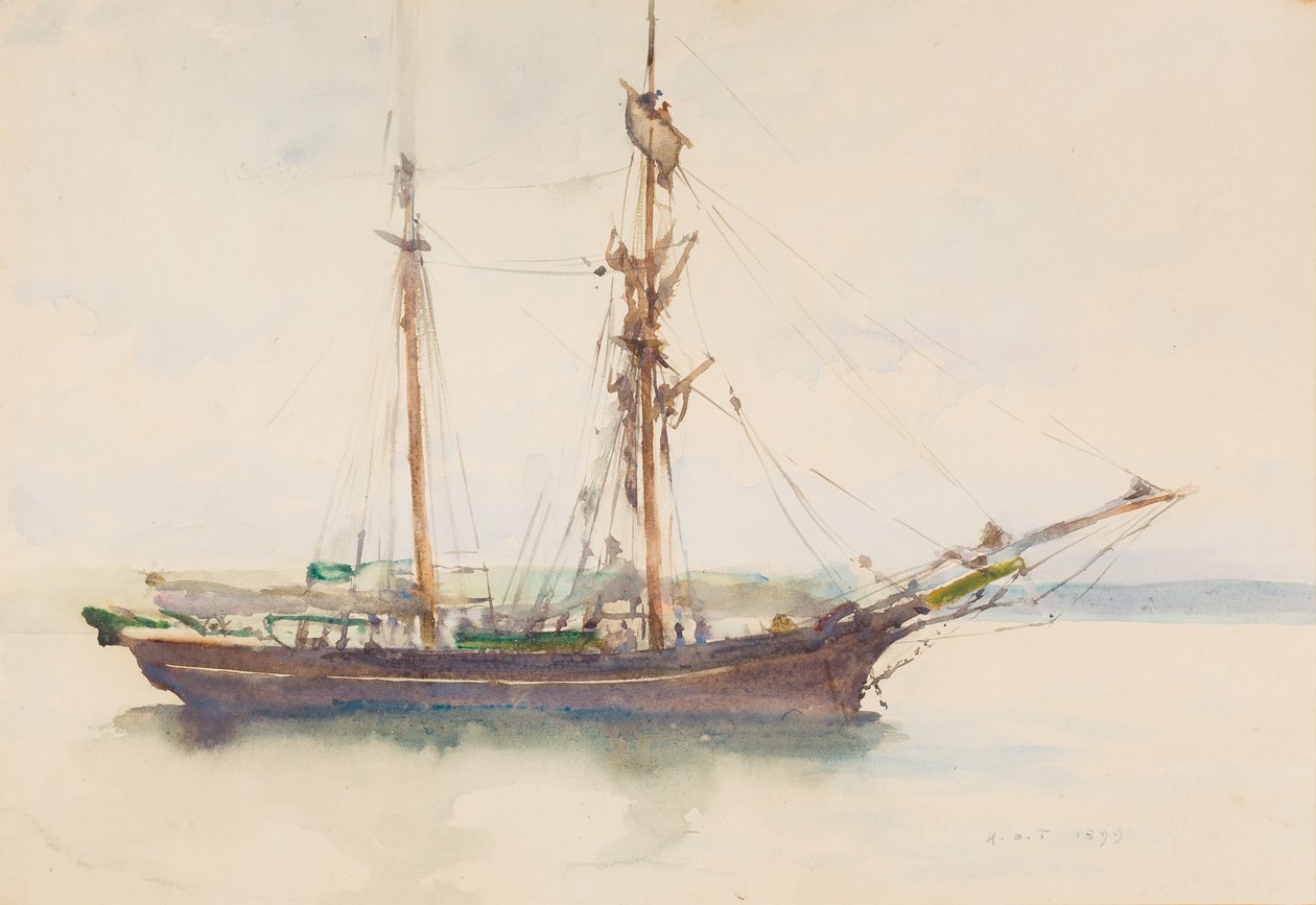 Barca con velas caídas de Henry Scott Tuke