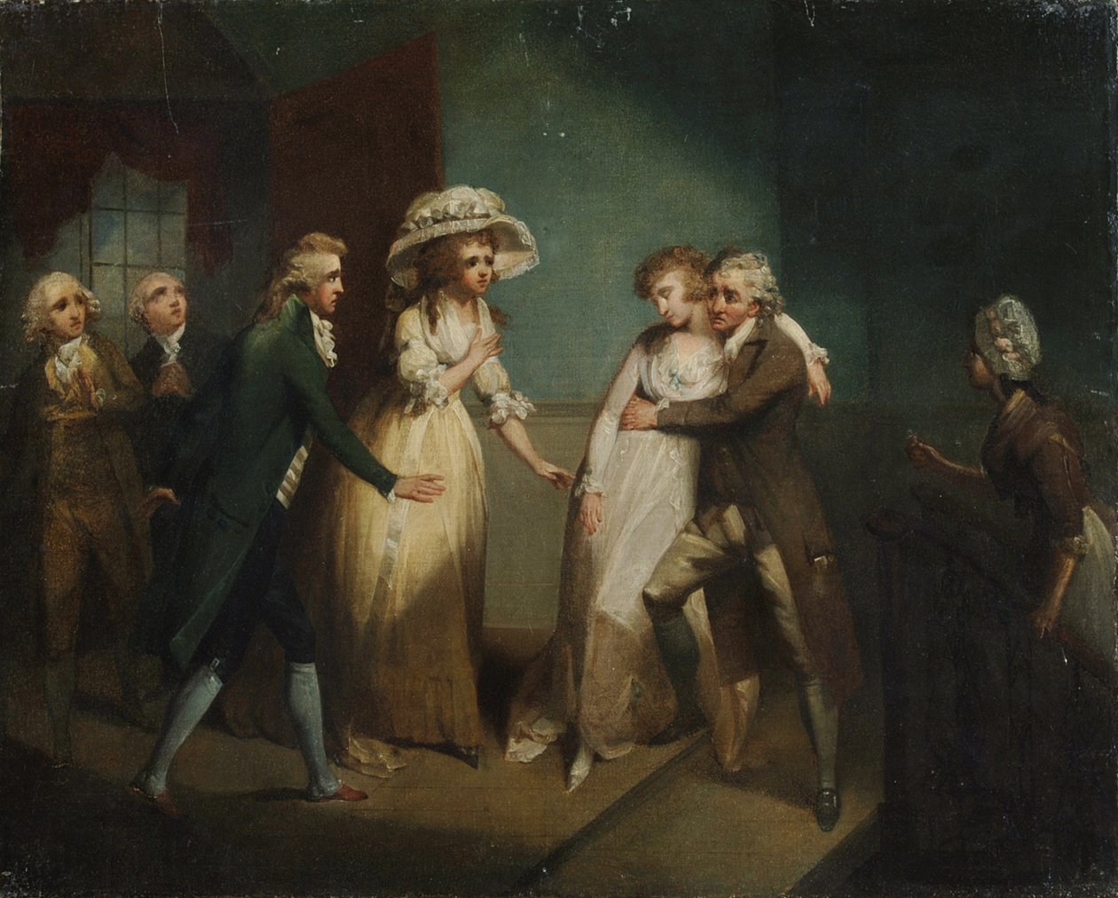 Camilla desmayándose en los brazos de su padre, ilustración de una escena de 