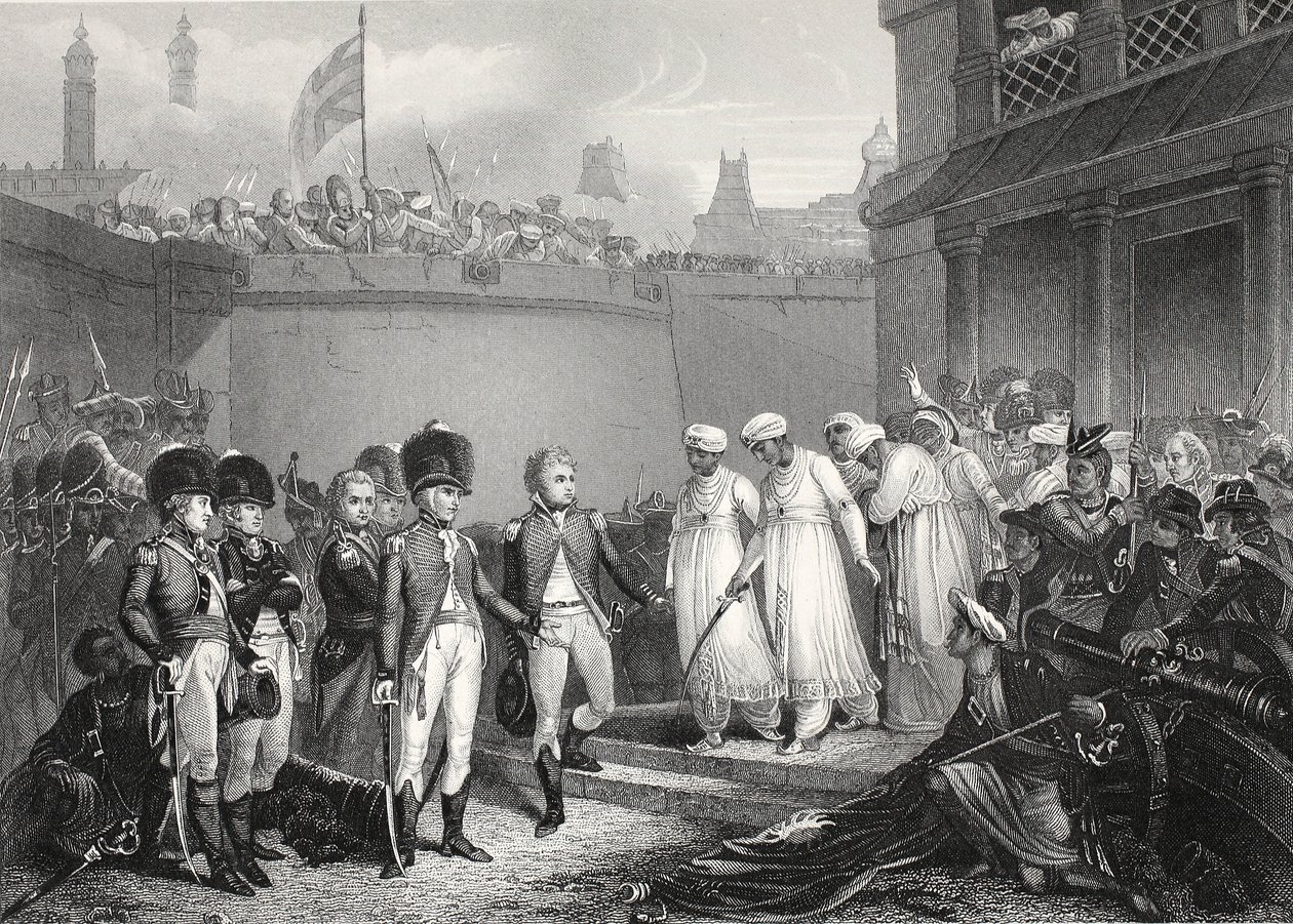 La rendición de dos hijos de Tippoo Sultaun, grabado por A.H. Payne de Henry Singleton