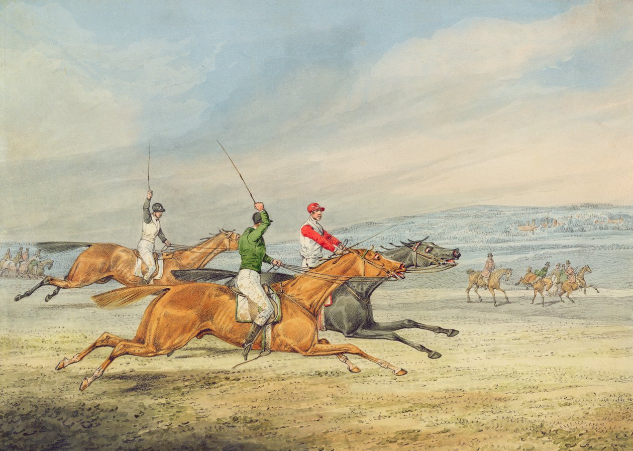Carreras de obstáculos: Tres jinetes galopando a la derecha, espectadores montados en el fondo de Henry Thomas Alken