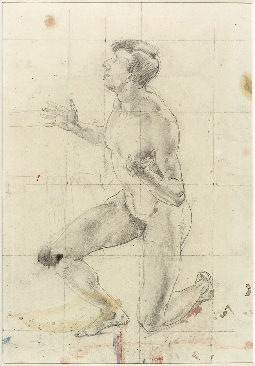 Estudio de un hombre desnudo arrodillado, girado a la izquierda de Henry Tonks