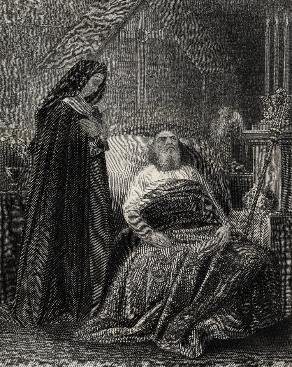 La muerte de San Patricio, grabado por J.Rogers de Henry Warren