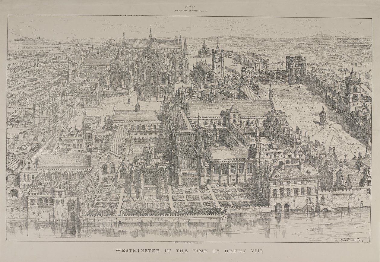 Vista aérea de la Abadía de Westminster y el Palacio de Westminster en la época de Enrique VIII, 1884 de Henry William Brewer