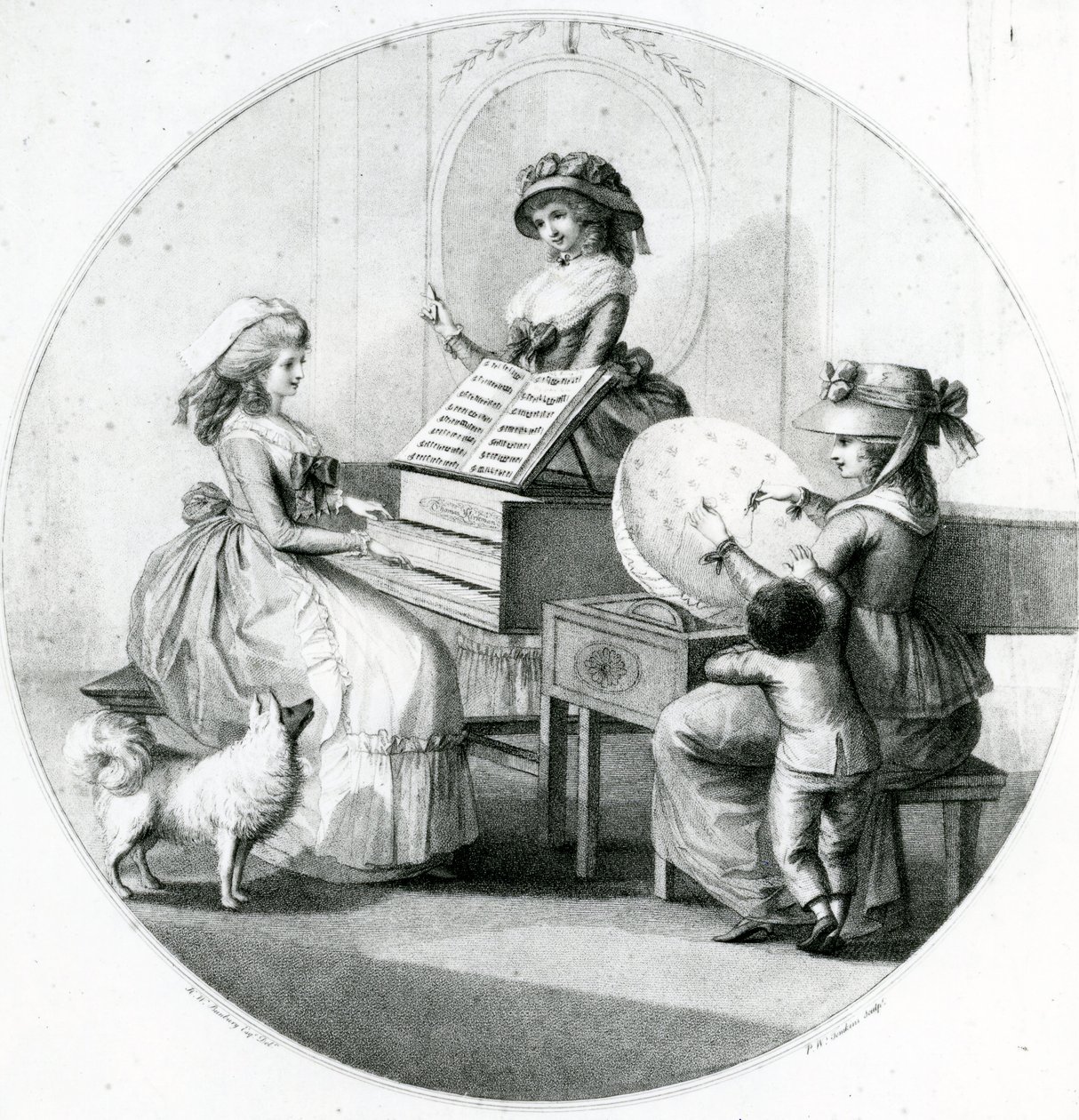 Ocupaciones matutinas, tres jóvenes con espineta y bordando de Henry William Bunbury