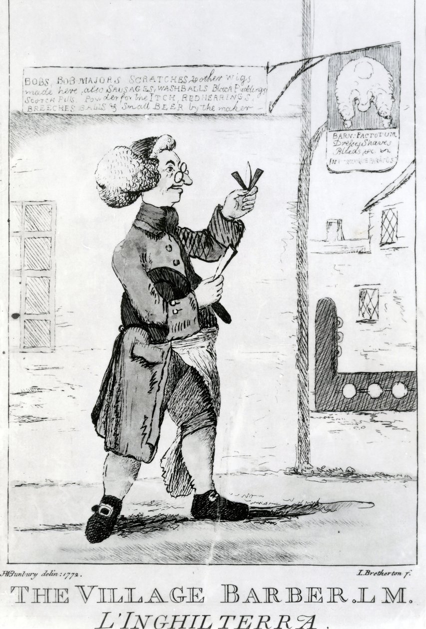 El barbero del pueblo L. M. Inglaterra, grabado por James Bretherton (1750-99), 1772 de Henry William Bunbury