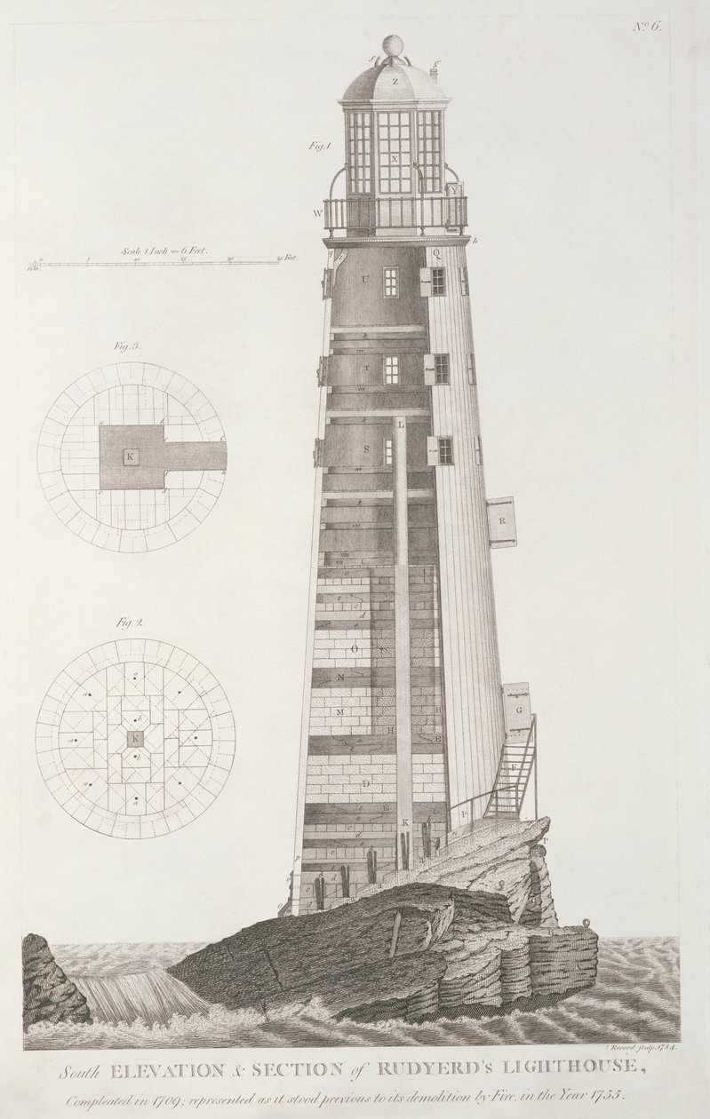 Faro de Edystone, grabado por John Record, 1784 de Henry Winstanley