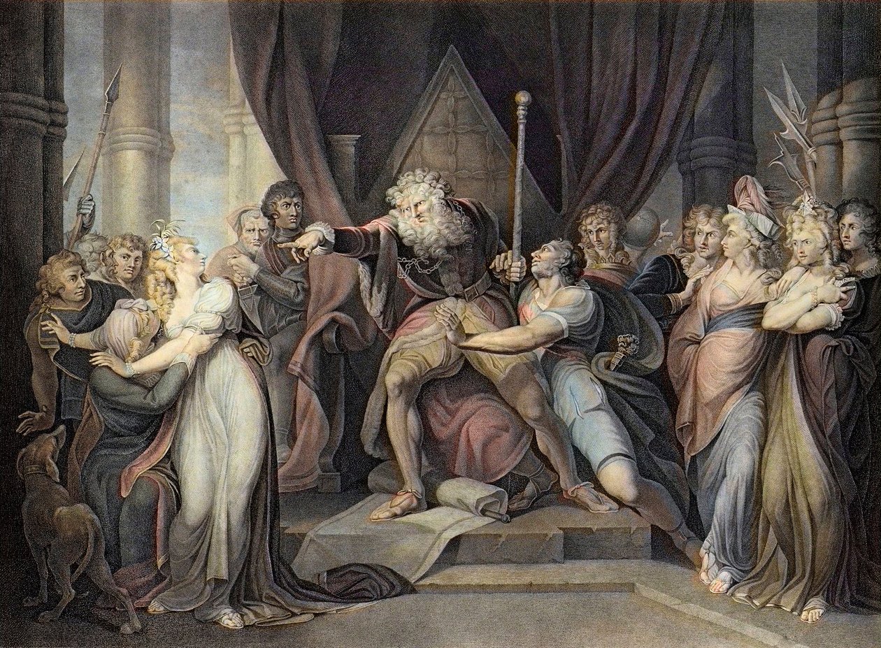 Shakespeare - Rey Lear - Rey Lear - Acto I Escena I. - El Rey Lear expulsando a su hija Cordelia - grabado después de Henry Fuseli de Henry  Fuseli