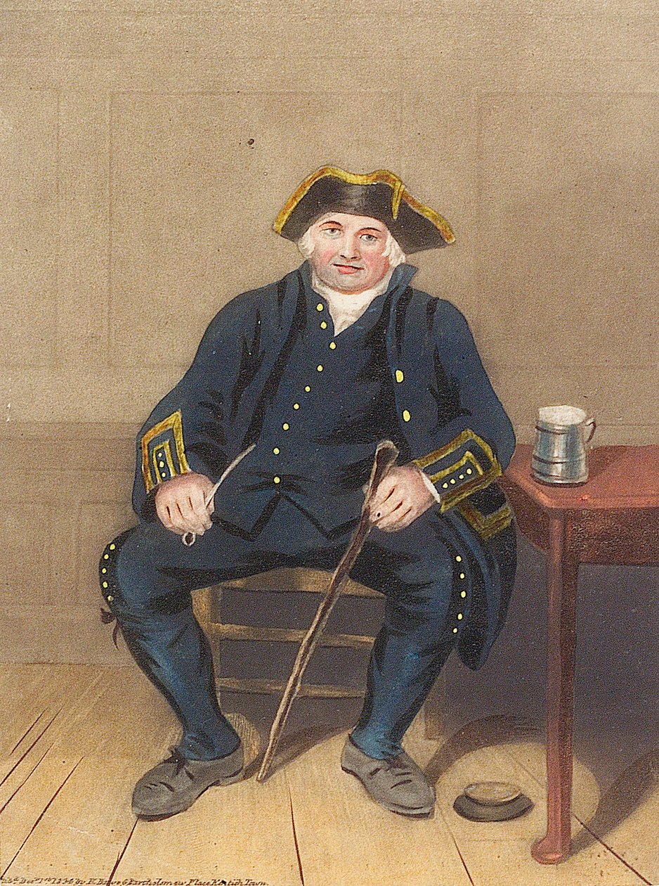 Retrato de Pensionista de Greenwich, sentado con pipa de arcilla y jarra de cerveza (aguatinta) de Henry (after) Dawe