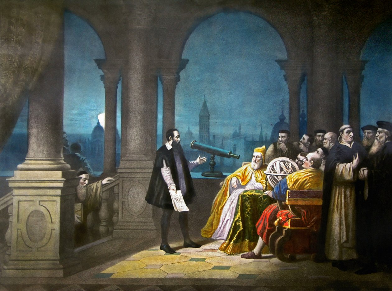 Galileo Galilei demostrando su telescopio a Leonardo Donato, Dux de Venecia y al Senado veneciano en 1609, c.1900 (litografía) de Henry (after) Detouche