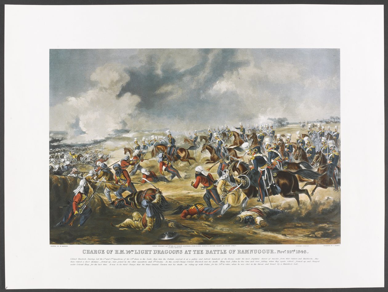 Carga de los Dragones Ligeros N.º 14 de S.M. en la Batalla de Ramnuggur, 22 de noviembre de 1848 de Henry (after) Martens