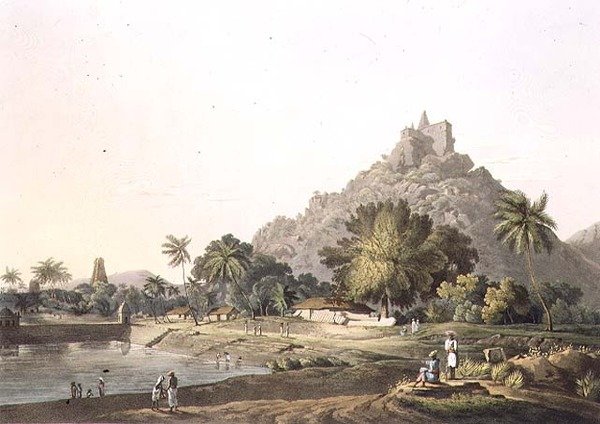 Pagodas en Trinchicunum, placa XI, grabado por Daniel Havell (1785-1826) 1809 de Henry (after) Salt