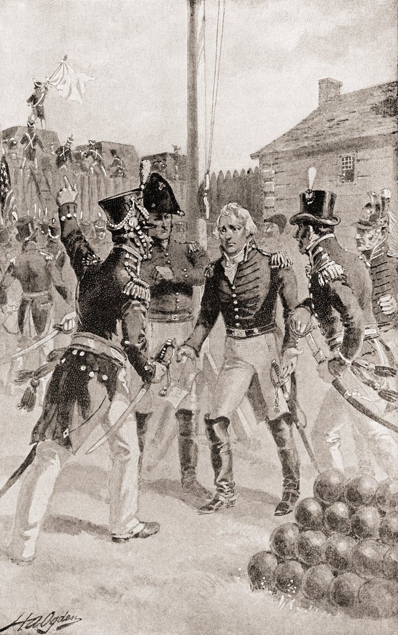 El brigadier general William Hull rinde el fuerte y la ciudad de Detroit, Michigan, América durante el Asedio de Detroit, de La Historia de Nuestro País, publicado en 1905 de Henry Alexander Ogden