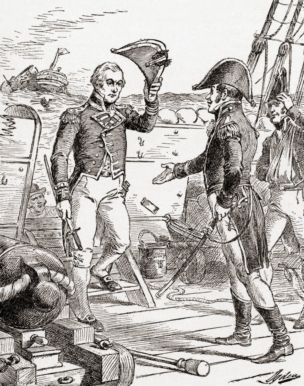 El capitán Dacres del HMS Guerriere se rinde y ofrece su espada al capitán Hull a bordo del USS Constitution después de su derrota durante la Guerra de 1812, de La Historia de Nuestro País, publicado en 1905 de Henry Alexander Ogden