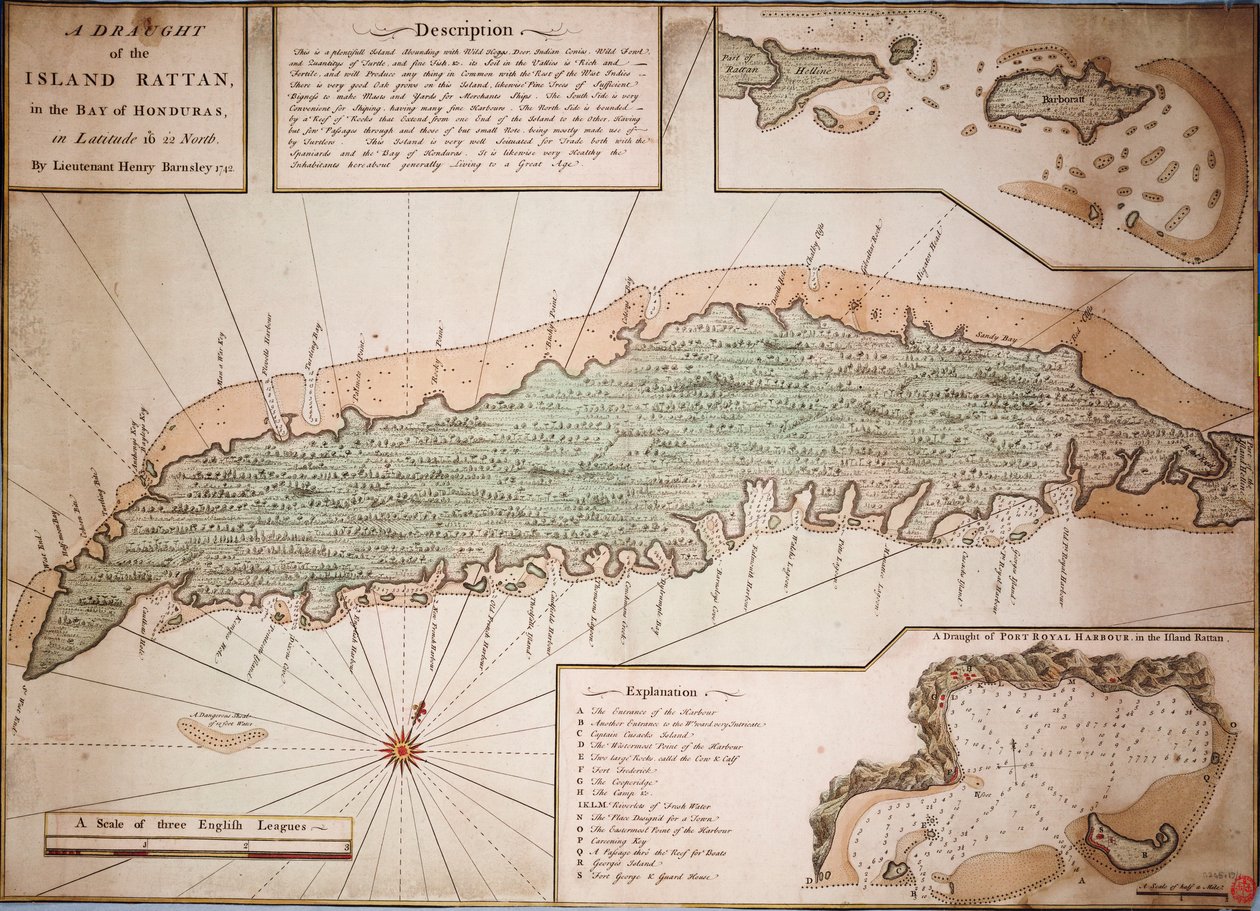 Dibujo de la Isla Rattan en la bahía de Honduras en la latitud 16 grados 22