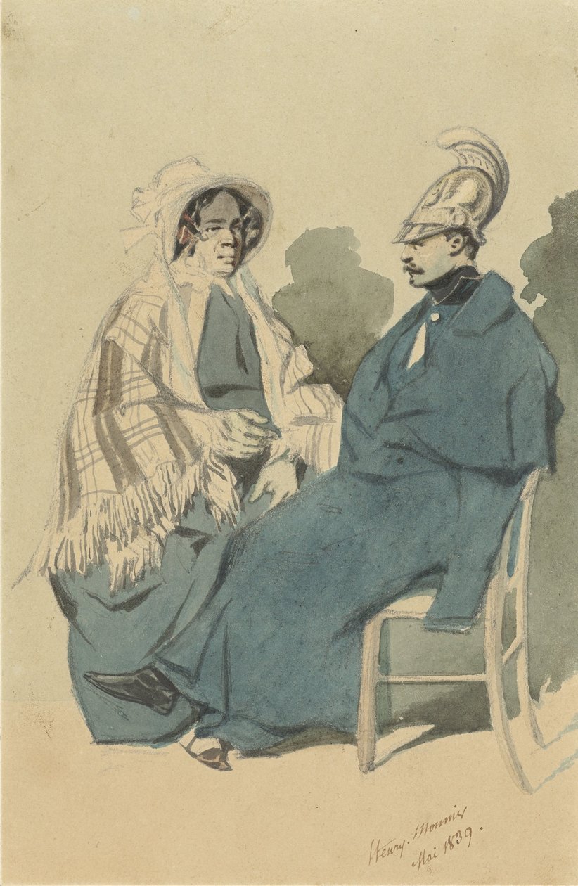 Kurassier con casco y abrigo azul, sentado junto a una anciana en un baño de viaje de Henry Bonaventure Monnier