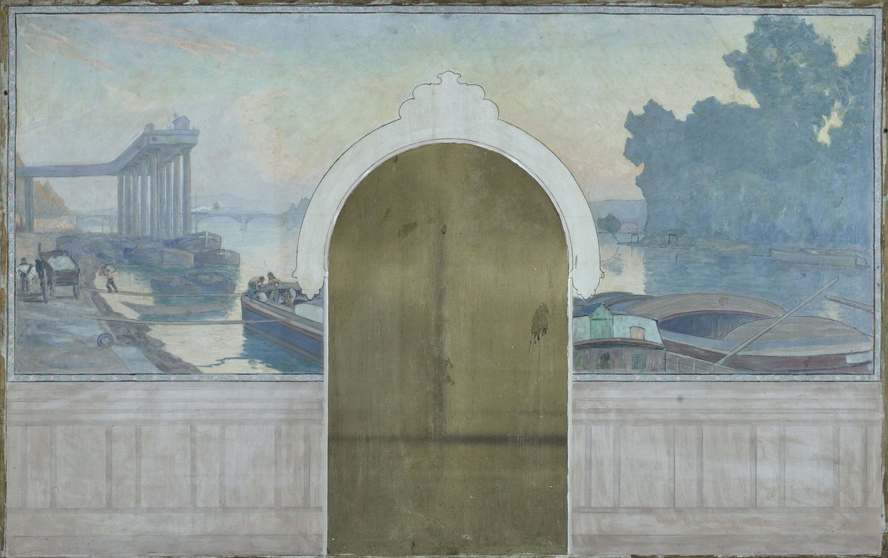 Boceto para la sala de matrimonios del ayuntamiento de Asnières: Paisaje. Barcazas sobre el Sena, con el puente de Asnières, hacia 1900 (óleo sobre lienzo) de Henry Bouvet