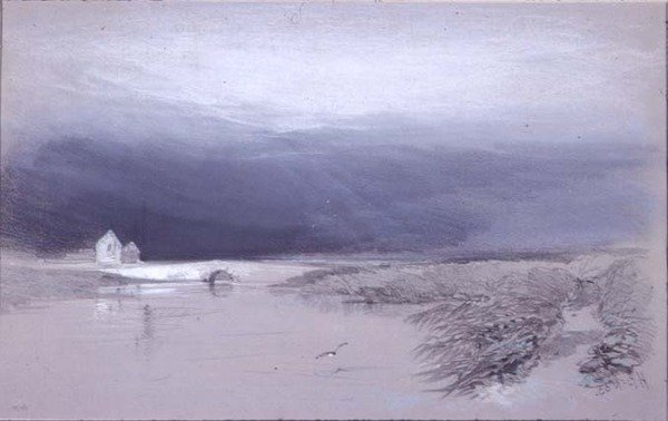 Paisaje con río y puente: se acerca la lluvia de Henry Bright