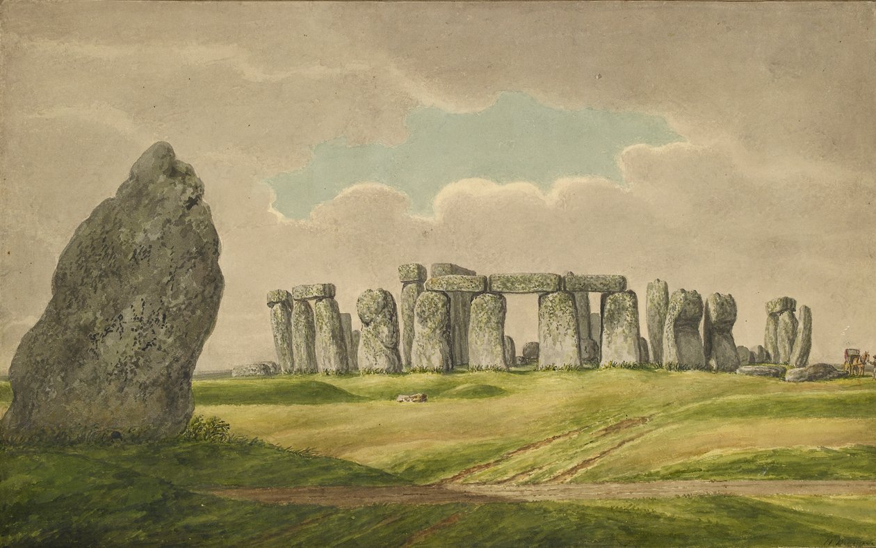 Stonehenge desde el N.E., mostrando ruinas y piedra del talón con carro, caballo, persona, 1824-1839 de Henry Browne