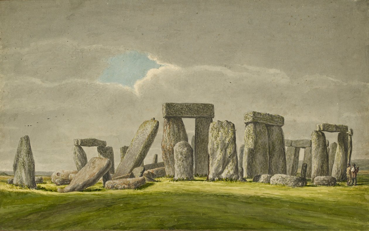 Stonehenge desde el sureste, mostrando piedras en estado ruinoso con 2 visitantes de Henry Browne