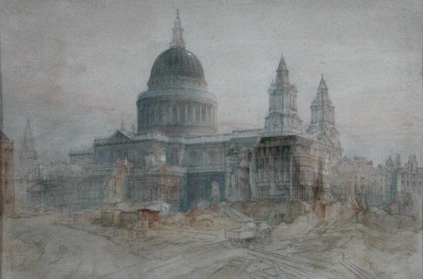 La catedral de San Pablo después de la guerra, c.1947 (acuarela y lápiz sobre papel) de Henry Charles Brewer