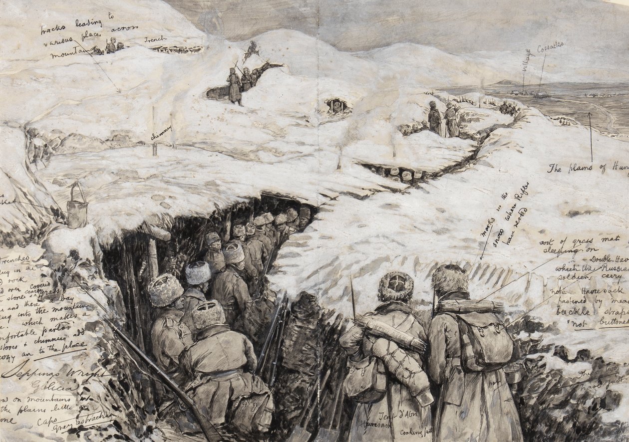 Galicia, tropas rusas en colinas cubiertas de nieve, 13 de marzo de 1916 de Henry Charles Seppings Wright