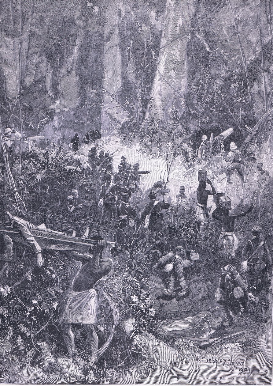 La guerra Ashanti 1900: Una pelea en el bosque, ilustración de la Historia de Inglaterra de Cassell, 1900s de Henry Charles Seppings Wright